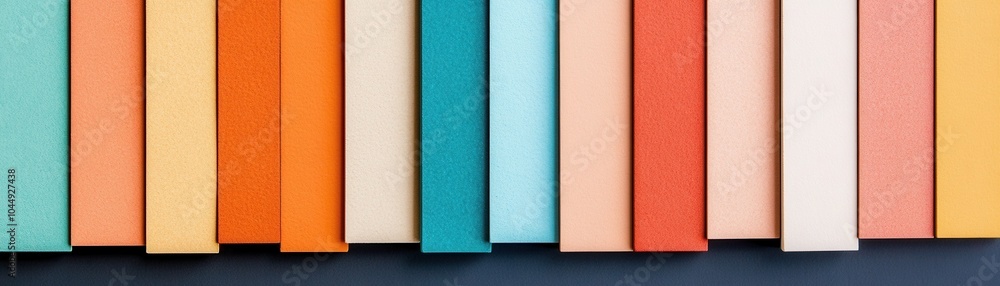 Fototapeta premium Colorful array of books stacked vertically against a dark background, showcasing vibrant spines and a modern aesthetic.