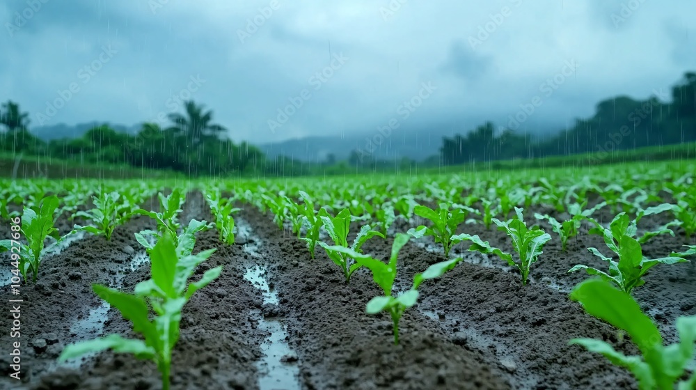 A lush green field filled with young plants, reflecting a tranquil agricultural landscape under a cloudy sky. A lush green field filled with young plants, reflecting a tranquil agricultural landscape under a cloudy sky.