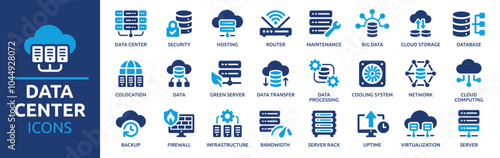 Data center icon set. Containing server, hosting, infrastructure, backup, cloud storage, server rack, virtualization, data processing and bandwidth. Solid vector icons collection.