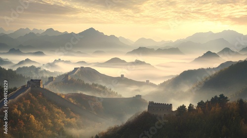 Fototapeta Naklejka Na Ścianę i Meble -  A serene, misty landscape featuring the Great Wall of China, surrounded by rolling mountains under a soft, golden sunrise.