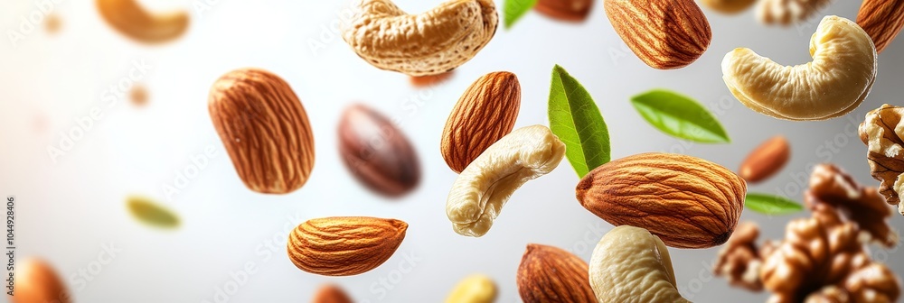 Assortment of Nuts Falling, Flying, Delicious. Healthy Protein Snack Food With Copy Space. Assortment of Nuts Falling, Flying, Delicious. Healthy Protein Snack Food With Copy Space.