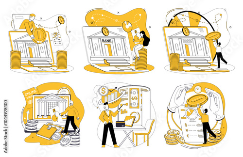 Savings account. Shows people interacting with banks, depositing and managing money. Ideal for finance, banking, saving, investments, personal finance. Simple line art style