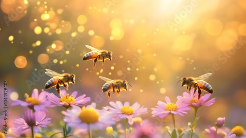 Bees Flying Over Flowers in...