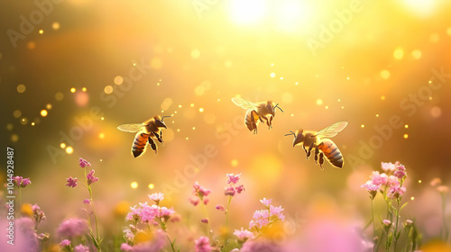 Three Bees Flying in a Fiel...