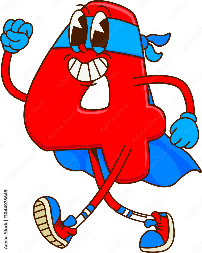 Cartoon groovy math number four superhero character. Isolated vector ...