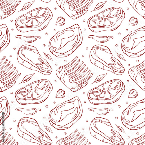 Seamless pattern with various meat cut, including steak, rib and chop in a line art style. Perfect for food packaging, background, butcher shop designs and culinary themes.