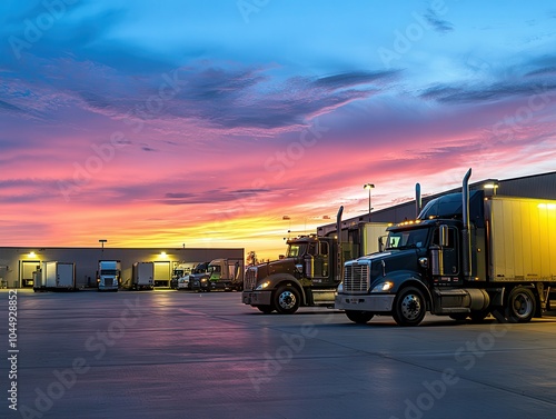 A stunning sunset over a truck parking area, with several trucks lined up, showcasing vibrant colors in the sky.