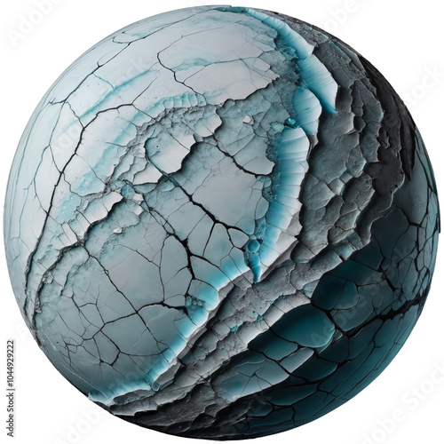 Teal frozen ice moon with liquid ocean underneath the rough cracked surface, large mountains and ridges, isolated on transparent background