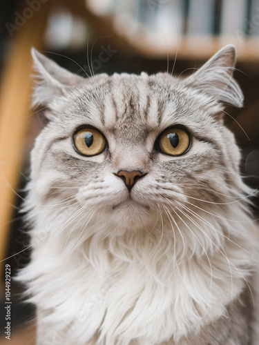 CloseUp Portrait of a White and Gray Cat