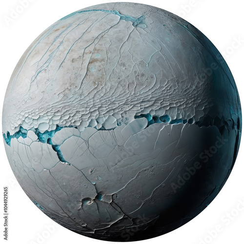 Frozen ice moon with cracked surface, canyons and craters, liquid ocean underneath, isolated on transparent background
