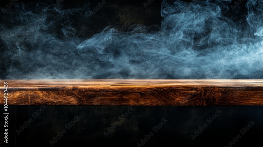 A dark backdrop reveals an empty wooden table with wispy smoke rising above it. This space is perfect for showcasing your products. A dark backdrop reveals an empty wooden table with wispy smoke rising above it. This space is perfect for showcasing your products.
