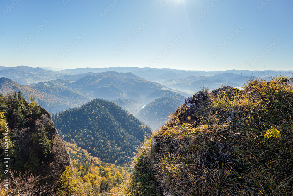 Mountain landscape in autumn. Beautiful Polish Pieniny Mountains. Dunajec Valley. Rocks in the Foreground. View from the top of Trzy Korony. Dunajec Gorge. Sromowce Nizne, Poland