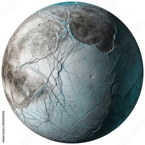 Frozen ice moon with cracked surface, canyons and craters, isolated on transparent background