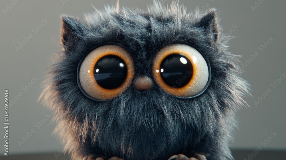 A fluffy, cartoon creature with big eyes stares directly at the camera, looking bored or tired. It's a funny, 3D-designed mascot. A fluffy, cartoon creature with big eyes stares directly at the camera, looking bored or tired. It's a funny, 3D-designed mascot.