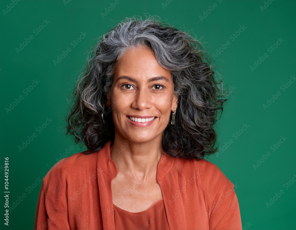 Fototapeta premium Studio Portrait of Mature Teacher Woman Happily Smiling Against Colored Studio Background