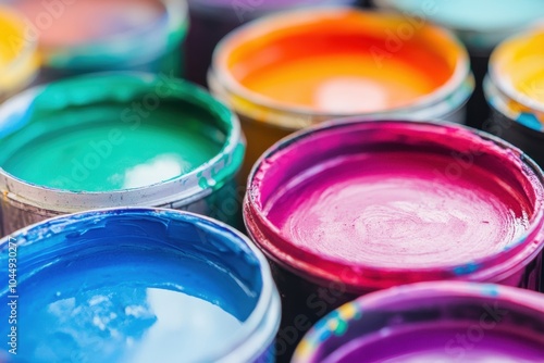 Vibrant array of paint colors in containers showcasing bright hues for creative projects.