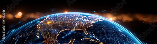 Earth illuminated with city lights, dark backdrop photo