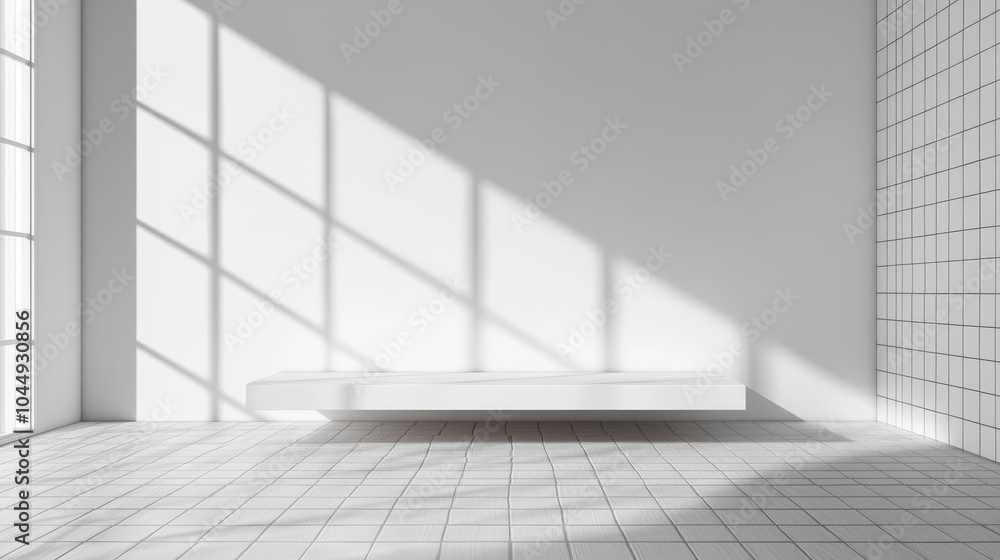 A minimalist white backdrop with a tiled wall and wooden floor, perfect for showcasing cosmetics or other products. The design creates a clean, elegant stage with a summery Mediterranean feel. A minimalist white backdrop with a tiled wall and wooden floor, perfect for showcasing cosmetics or other products. The design creates a clean, elegant stage with a summery Mediterranean feel.