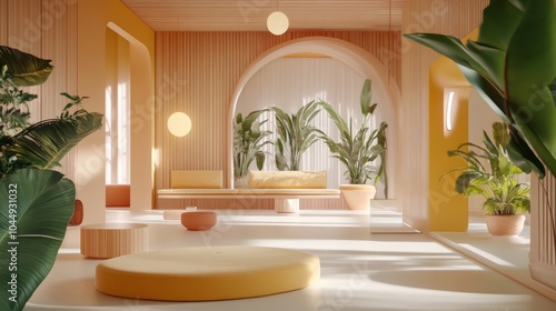 A modern  bright room designed using computer graphics.