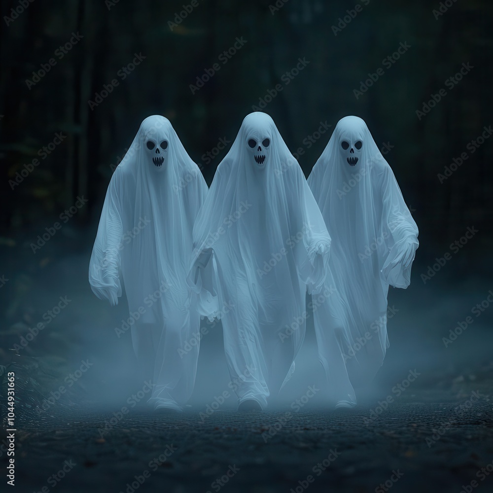 Ghostly figures in a misty forest setting. Ghostly figures in a misty forest setting.