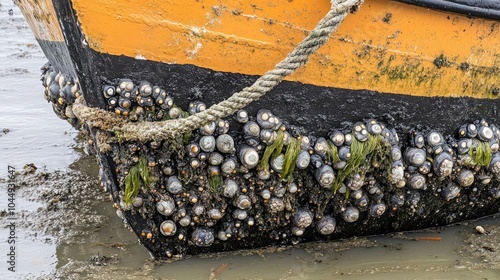 Barnacles and Sea Life on Weathered Boat Hull