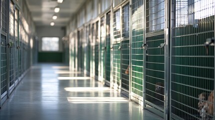 Empty animal shelter hallway with metal cages and natural light