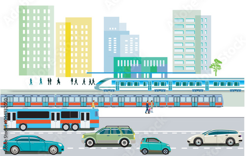Bahnverkehr, Metro mit Schnellzug und Bus im Straßenverkehr in der Stadt, freisteller Illustration..eps