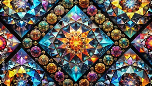 A kaleidoscope of shimmering facets, arranged in a mesmerizing pattern, creates a vibrant and complex visual experience.