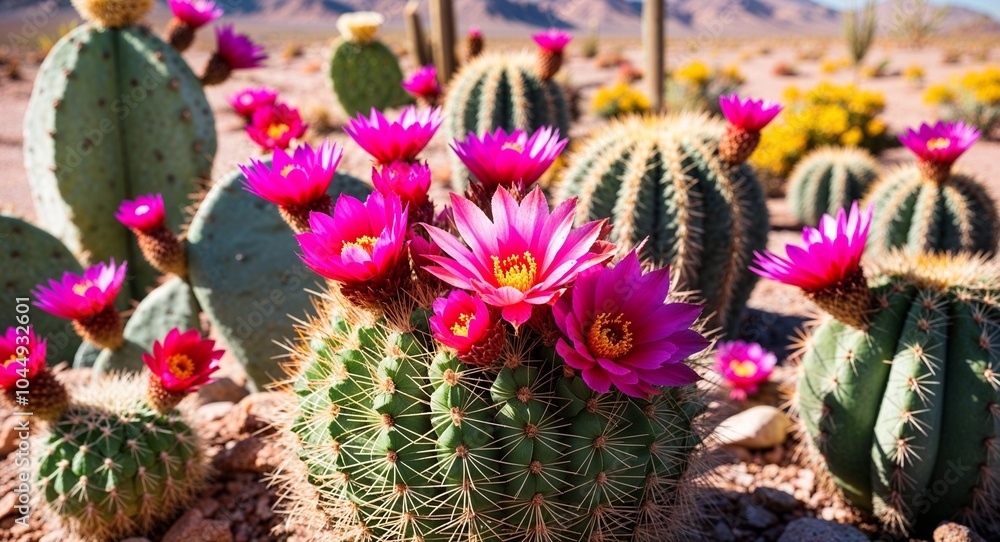 Obraz premium Cacti and succulents flowering in a sunny desert background unique desert plants showcasing vibrant blooms adding color to arid surroundings
