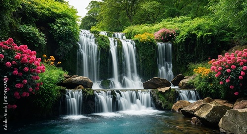 Cascading waterfall surrounded by lush greenery and flowers background stunning natural scene featuring vibrant blooms enhancing the tranquility of flowing water