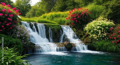 Cascading waterfall surrounded by lush greenery and flowers background stunning natural scene featuring vibrant blooms enhancing the tranquility of flowing water