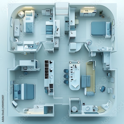 Wallpaper Mural Topdown view 3D render of hospital floor plan highlighting radiology laboratory services and surgical suites presented on a clean white background with focus on structure and design Torontodigital.ca