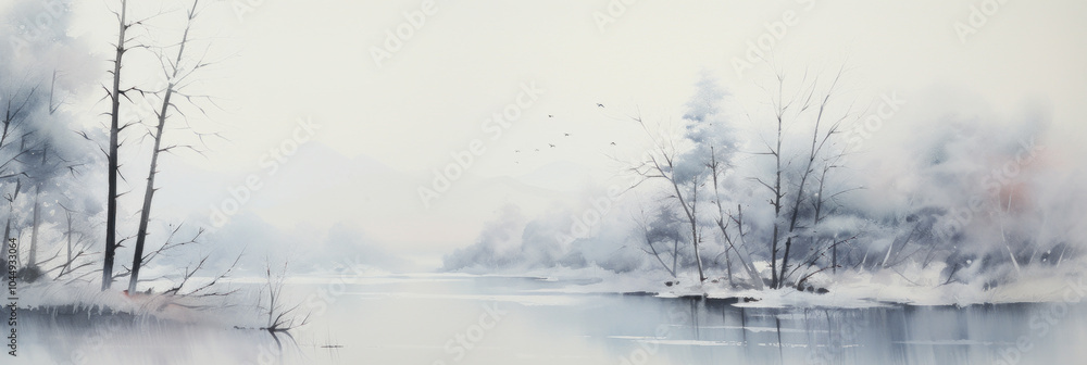 Snowy winter landscape. Misty forest and frozen lake. Watercolor painting. Snowy winter landscape. Misty forest and frozen lake. Watercolor painting.