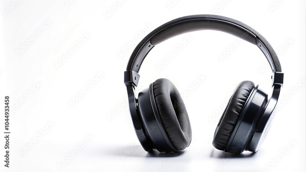 Sleek black headphones on plain white background aerial view Sleek black headphones on plain white background aerial view