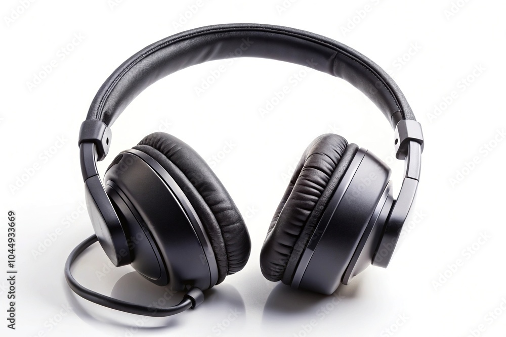Sleek black headphones on white background at tilted angle Sleek black headphones on white background at tilted angle