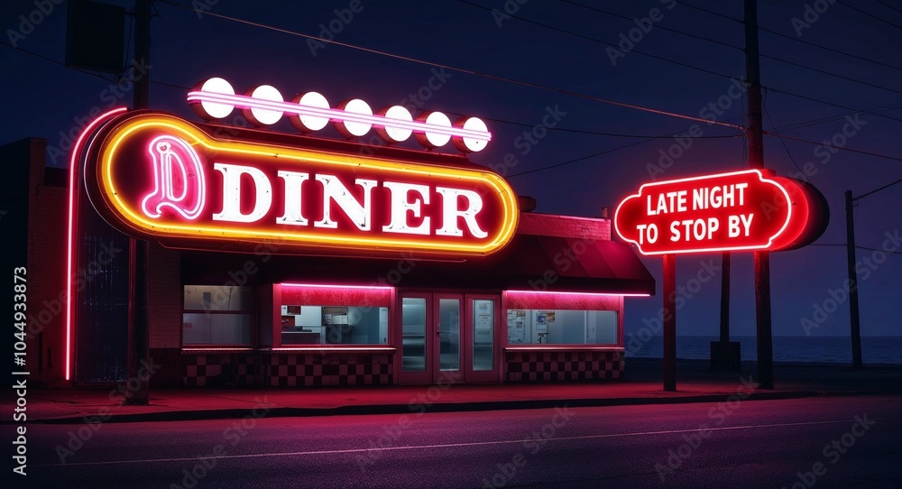 Naklejka premium Flickering neon diner sign on a lonely street background iconic diner glowing brightly in the darkness inviting late night visitors to stop by