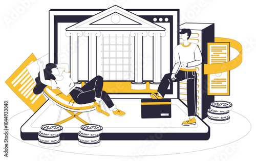 Savings account. Two characters relax with a backdrop of a digital interface, showcasing modern banking. Ideal for financial technology, digital savings, online banking, financial security