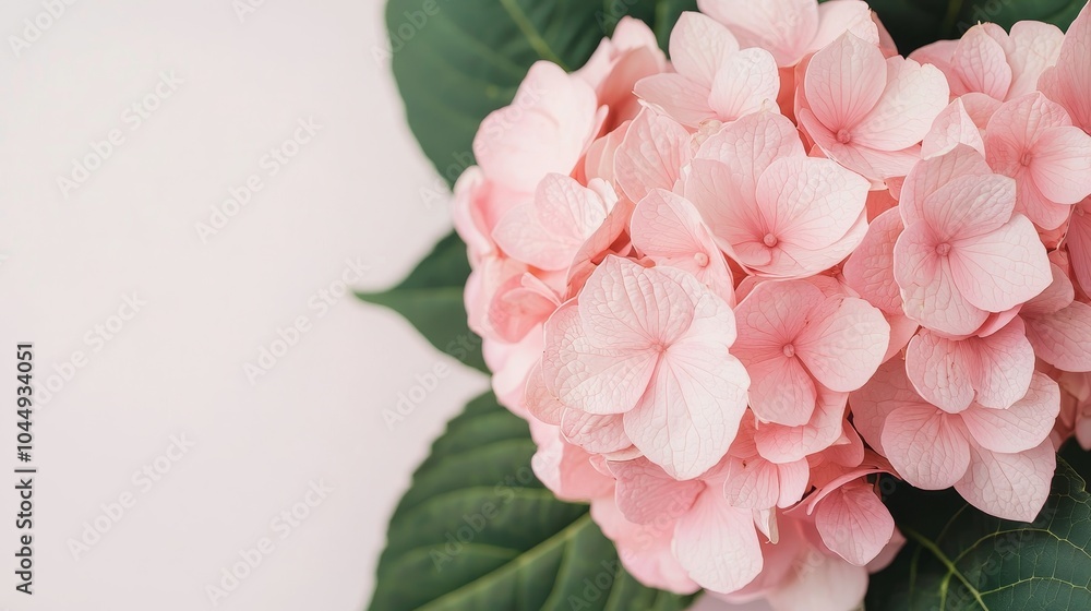 Fototapeta premium Close-up of pink hydrangea blooms against leafy background, Natural hydrangea flowers, Botanical texture