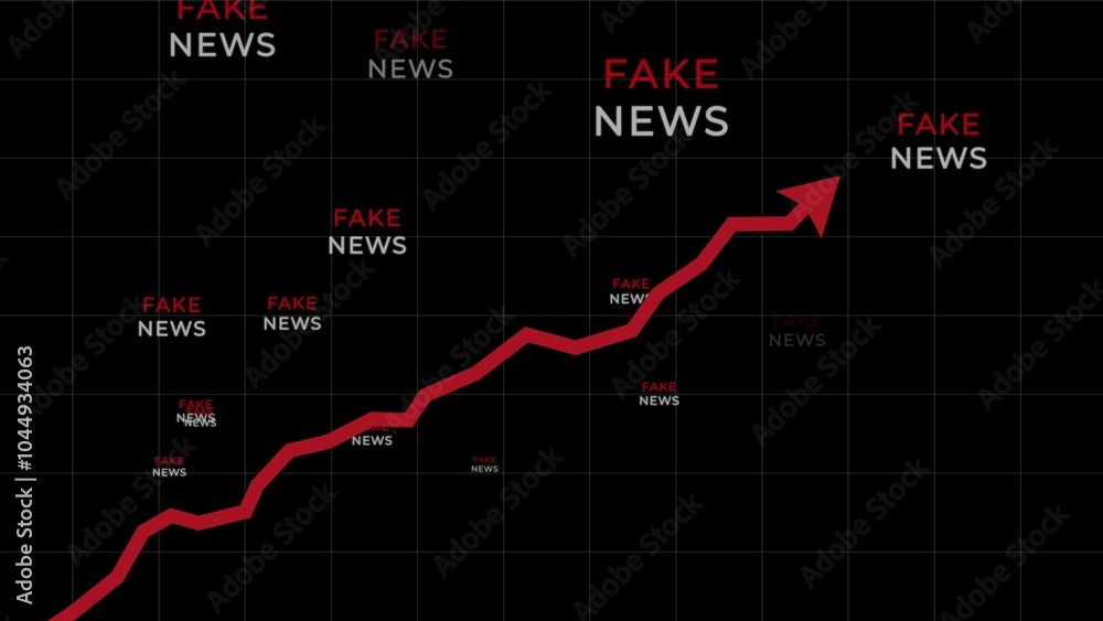 Increasing red arrow with Fake news typography on black background. Rising trend of disinformation on internet concept Increasing red arrow with Fake news typography on black background. Rising trend of disinformation on internet concept