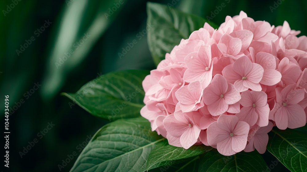 Close-up of pink hydrangea blooms against leafy background, Natural hydrangea flowers, Botanical texture Close-up of pink hydrangea blooms against leafy background, Natural hydrangea flowers, Botanical texture