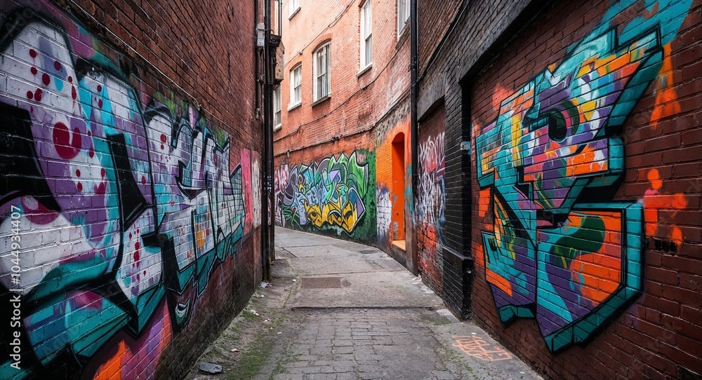 Fototapeta premium Graffiti covered walls along a narrow alley background colorful street art decorating brick surfaces adding character to an overlooked passage