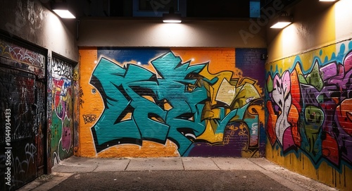 Graffiti covered walls under streetlight glow background vibrant urban artwork illuminated by soft light showcasing creativity in a hidden corner