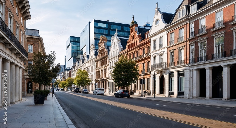 Fototapeta premium Historic architecture contrasting with modern buildings background stunning juxtaposition of old world charm and contemporary designs along the street