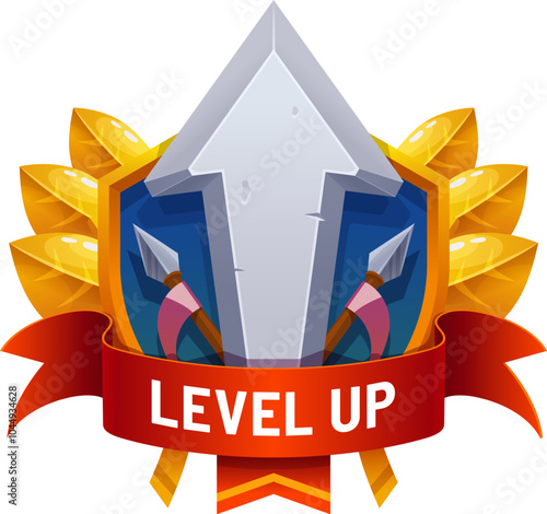 Game app level up award badge or icon asset. Game win rank icon vector asset, casino or videogame level up award GUI symbol. Arcade task complete badge with stone arrow, red ribbon and golden leaves