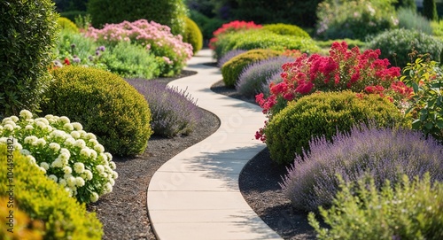 Meandering path lined with flowering shrubs background scenic walkway surrounded by vibrant blooms inviting leisurely strolls through nature