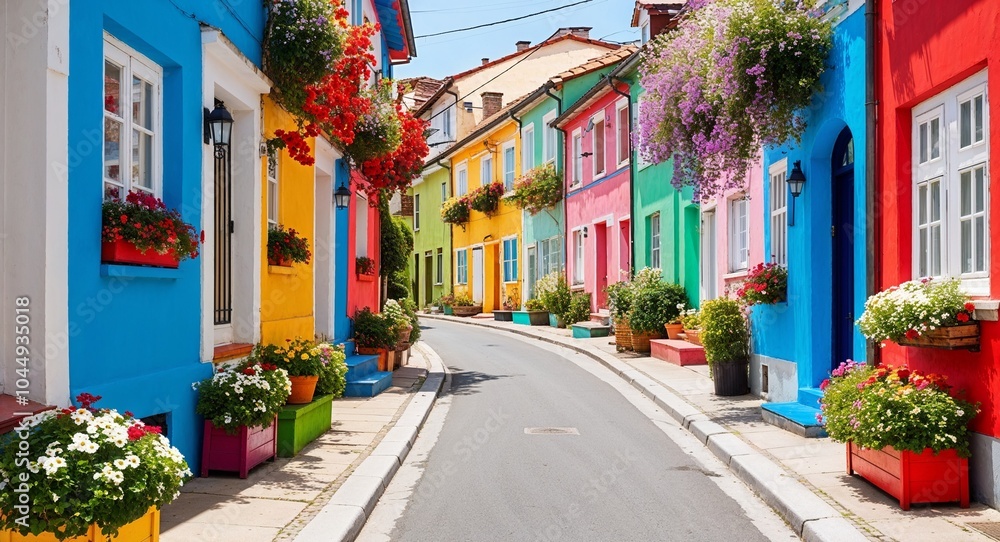 Fototapeta premium Narrow street with colorful houses and flower boxes background quaint neighborhood showcasing vibrant architecture adorned with blooming flowers