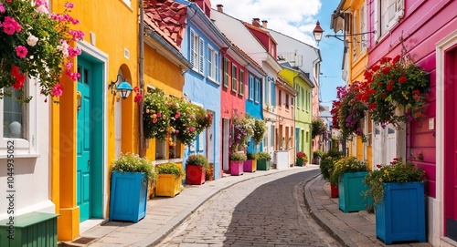 Narrow street with colorful houses and flower boxes background quaint neighborhood showcasing vibrant architecture adorned with blooming flowers
