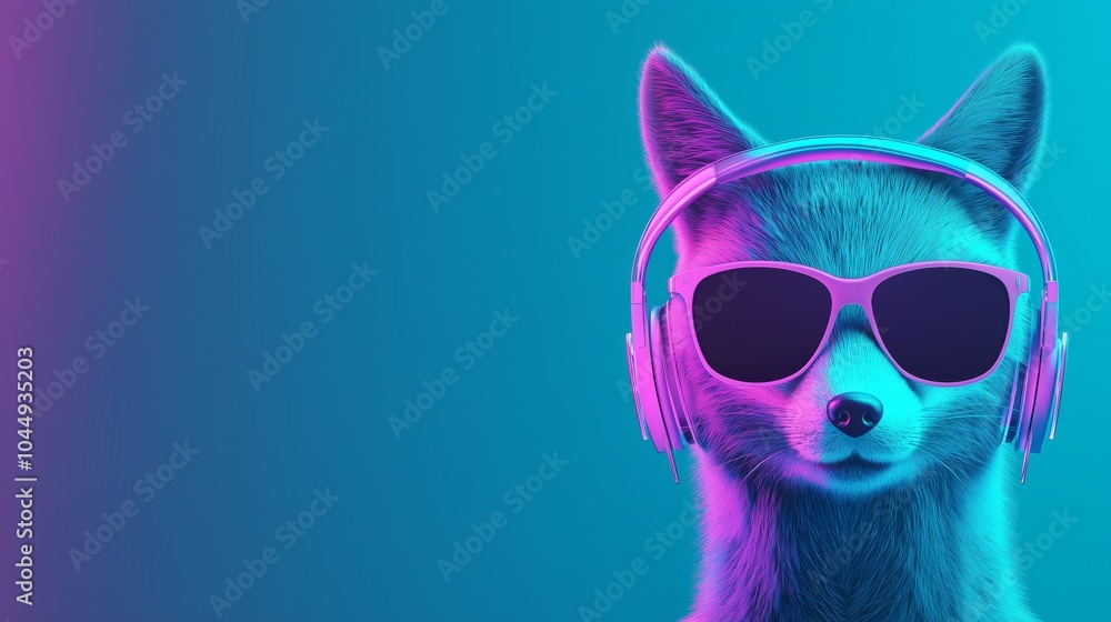 Cool neon party dj fox in headphones and sunglasses Cool neon party dj fox in headphones and sunglasses