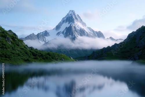 Majestic mountain with serene lake view