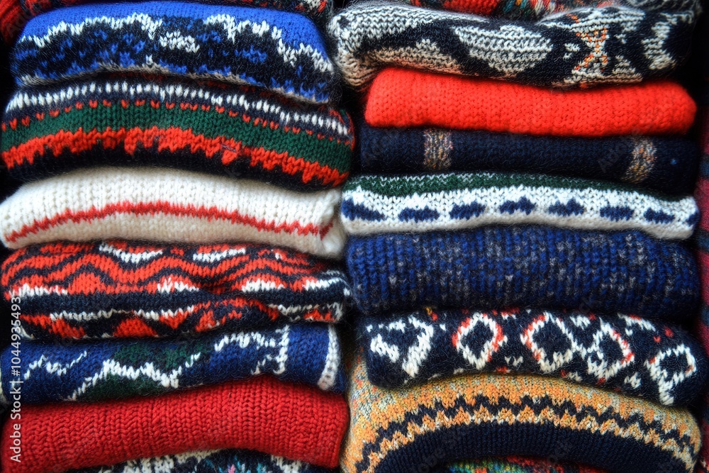 Colorful stacked knit sweaters with intricate patterns Colorful stacked knit sweaters with intricate patterns